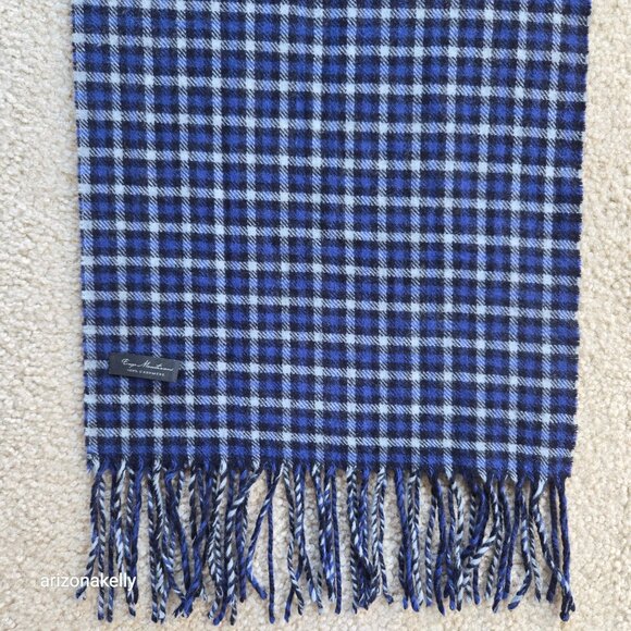 Enzo Mantovani Cashmere Scarf Blue Black Plaid Checks - Picture 2 of 10